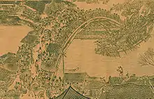 Zhang Zeduan, Le Jour de Qingming au bord de la rivière, détail : scène de marché sur un pont. XIIe&nbsp;siècle, musée national du Palais (Taipei).