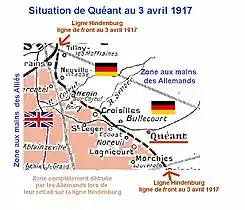 En avril 1917, Quéant reste en zone allemande à seulement 1 km de la Ligne Hindenburg.