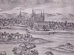 Saint-Pierre-le-Puellier (« des Pilliers ») sur une gravure de Tours, 1625.