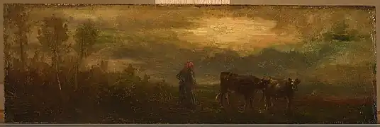 Paysanne gardant deux bœufs dans un pâturage.