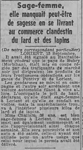 Article de journal sur deux colonnes sur une sage femme qui vendait des lapins