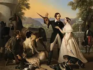 Ernest II et Alexandrine de Bade après la chasse sur la terrasse du château de Rosenau, 1844, Cobourg, palais Ehrenbourg.