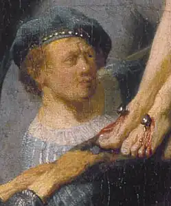 Détail de L'Érection de la croix, dans lequel Rembrandt se représente parmi ceux qui érigent la croix.