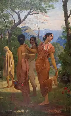 Shakuntala, épouse de Dushyanta et mère de l'empereur Bharata, d'après la pièce de Kalidasa Abhijñānaśākuntala, portant un sari, peinture de Raja Ravi Varma.