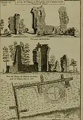 Dessins en noir et blanc des ruines et du plan d'un édifice antique.