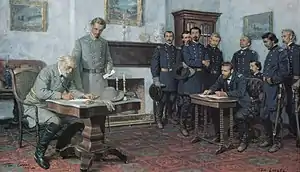 Gravure d'un salon où se trouve une dizaine d'hommes, pour la plupart barbus, en uniformes