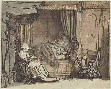 Rembrandt, Intérieur avec Saskia alitée, dessin, 142&nbsp;×&nbsp;177&nbsp;mm, vers 1640. Acquis en 1919.