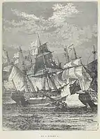 Le Héros endommagé au combat. Dessin imaginaire de 1884 (le vaisseau est représenté avec un seul pont).