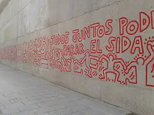 Reproduction de la fresque murale "Together We Can Stop AIDS" de Keith Haring (1989) à Barcelone.