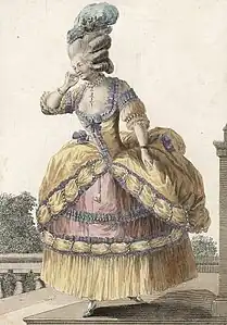 Gravure de mode, Robe circassienne ornée de perles, rubans et ruchés mauves.