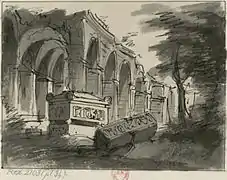 Tombeaux dans les ruines, croquis préparatoire pour le tableau 2 de l'acte III de Robert le Diable (1831).