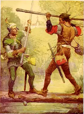 Robin Hood and Little John, Illustration de Louis John Rhead pour le conte (en) Bold Robin Hood and His Outlaw Band : Their Famous Exploits in Sherwood Forest