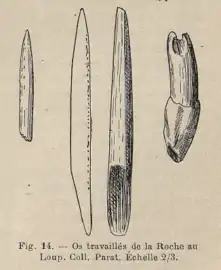 Fig. 14, Os travaillés :no&nbsp;1 - poinçon ; no&nbsp;2 : baguette en bois de renne ; no&nbsp;3 - dent de bison percée