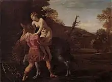 Un homme fait descendre une femme nue du dos d'une créature que l'on distingue mal.