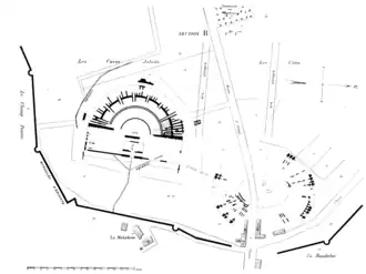 Relevé de fouilles du XIXe siècle sur le théâtre et l'amphithéâtre.