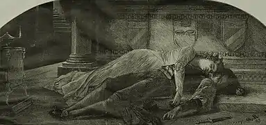 Juliette et Roméo morts, couchés l'une sur l'autre.