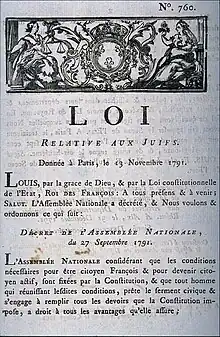 Décret de l'Assemblée nationale attribuant l'égalité de droits aux Juifs (1791).