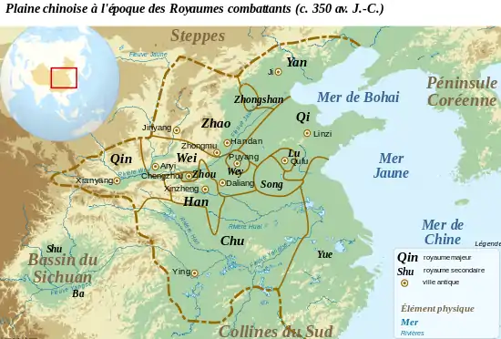 Carte montrant les frontières approximatives des royaumes en présence dans la plaine orientale de la Chine au milieu du 5e siècle avant J.-C.