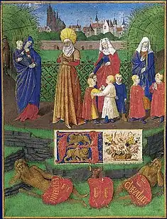 Sainte Anne et ses filles devant l'église du prieuré Saint-Martin-des-Champs – Miniature tirée du Livre d'heures d'Étienne Chevalier par Jean Fouquet, XVe&nbsp;siècle.