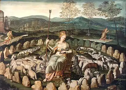 Sainte Geneviève au Lendit, peinture anonyme du XVIe&nbsp;siècle. En bergère, assise au centre d'un cromlech, avec sa brebis noire divinatoire à sa gauche.