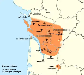 Carte représentant l'aire linguistique du saintongeais dans les Charentes et le Nord-Gironde
