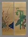 Les Trois Amis: Prunus en fleurs , Pin et bambous. Kakemono, format diptyque.Déb. XIXe&nbsp;siècle. Encre, couleurs, peinture à la poudre d'or s. soie, H. 97,3 cm. Musée Guimet