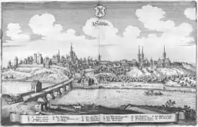 Saalfeld, représentation idéale vers 1650 avec l'abbaye bénédictine (à droite)