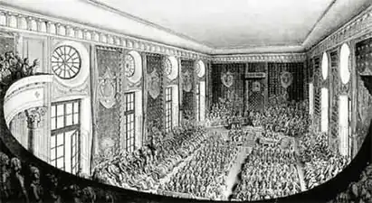 François Devosge, La salle des États lors de l'ouverture d'une session triennale, dessin de 1755, BnF.