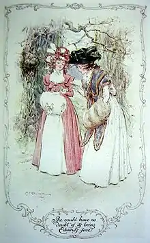 Une jeune fille montre d'un air complaisant un petit portrait à une autre