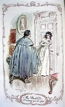 Illustration (couleurs) : un homme en habit de voyage aborde une jeune fille réticente