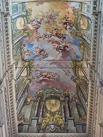 Le plafond de Chiesa di Sant'Afra&nbsp;(it), à la gloire de sainte Euphémie (voir Euphémie de Chalcédoine), à Brescia. Mars 2021.