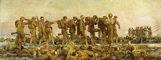 L'ypérite attaque prioritairement les muqueuses humides (poumons, lèvres), la peau moite et les yeux, rendant les victimes aveugles, ce qui complique encore leur prise en charge et les soins. (Gassed, par John Singer Sargent, 1918, huile sur toile, 231&nbsp;×&nbsp;611&nbsp;cm).