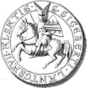 Dessin d'un homme à cheval avec un heaume et un bouclier, le tout entouré d'une inscription en latin : Lantgravii Alsatie S Siegeberti