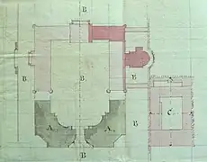 Schéma du Château-Vieux de Meudon en cours de démolition, 22 février 1805. En rose foncé, ce qu'il reste à démolir. ADY, 2Q 34.