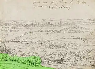 Vue de Paris depuis Meudon, seconde moitié du XVIe&nbsp;siècle. En vert est visible l'emplacement du futur jardin de la maison.