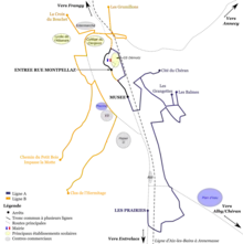 Schéma en couleurs de lignes de bus à Rumilly.