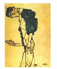 Dessin de profil d'un homme nu avec un boléro, tête penchée en avant, une main tendue devant lui, l'autre le long du corps