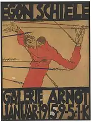 Affiche représentant un homme maigre percé de flèches avec des caractères noirs au-dessus et en-dessous