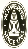 Logos de Schweppes (ancien et actuel) représentant la fontaine mise en place lors de l'exposition universelle de 1851 (à gauche, dessin de la véritable fontaine de 8&nbsp;mètres).