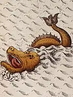 Dessin d'un monstre marin orange, au corps longiligne.