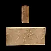 Combat mythologique : héros maîtrisant deux démons ailés.