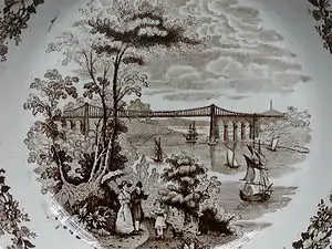 Le Menai Bridge représenté sur un plat de grès du Staffordshire, vers 1840 (Coll. J L Runeberg).