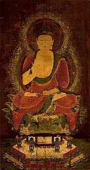 Bouddha Shaka. Couleurs et or sur soie, H. 160&nbsp;cm. Première moitié du XIIe&nbsp;siècle. Kyoto, musée national.