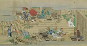 Scène 4 : cuisine de mets variés à base de viande, poisson, de crustacé et de légumes.