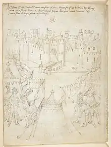 Siège de Rouen par Henri V, British Library, Cotton MS Julius E IV/3, fo&nbsp;19&nbsp;vo, quatrième quart du XVe&nbsp;siècle.