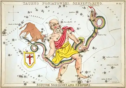 Carte no&nbsp;12 : Le Taureau de Poniatowski, Ophiuchus, l'Écu de Sobieski et le Serpent