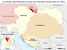 carte du centre de l'Europe, en rouge la Silésie, en sépia la Hongrie et en blanc l'Autriche.