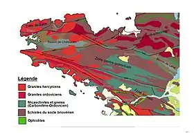 Extrait de la carte géologique du Massif armoricain, avec le sillon de Bretagne au sud-est.
