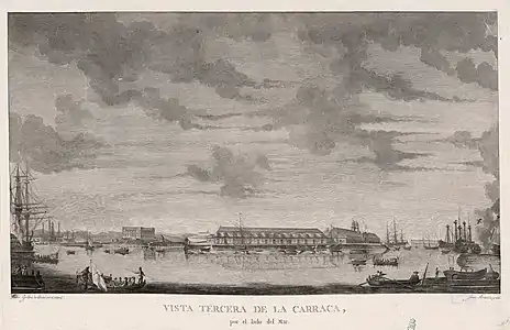 Vista tercera de La Carraca, por el lado del mar Pedro Grolliez, gravure d'après un dessin de Pedro Grolliez&nbsp;(d), pour Vistas de los puertos de mar de España (1785).