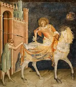 Saint Martin partage son manteau avec un pauvre à la porte d'Amiens.